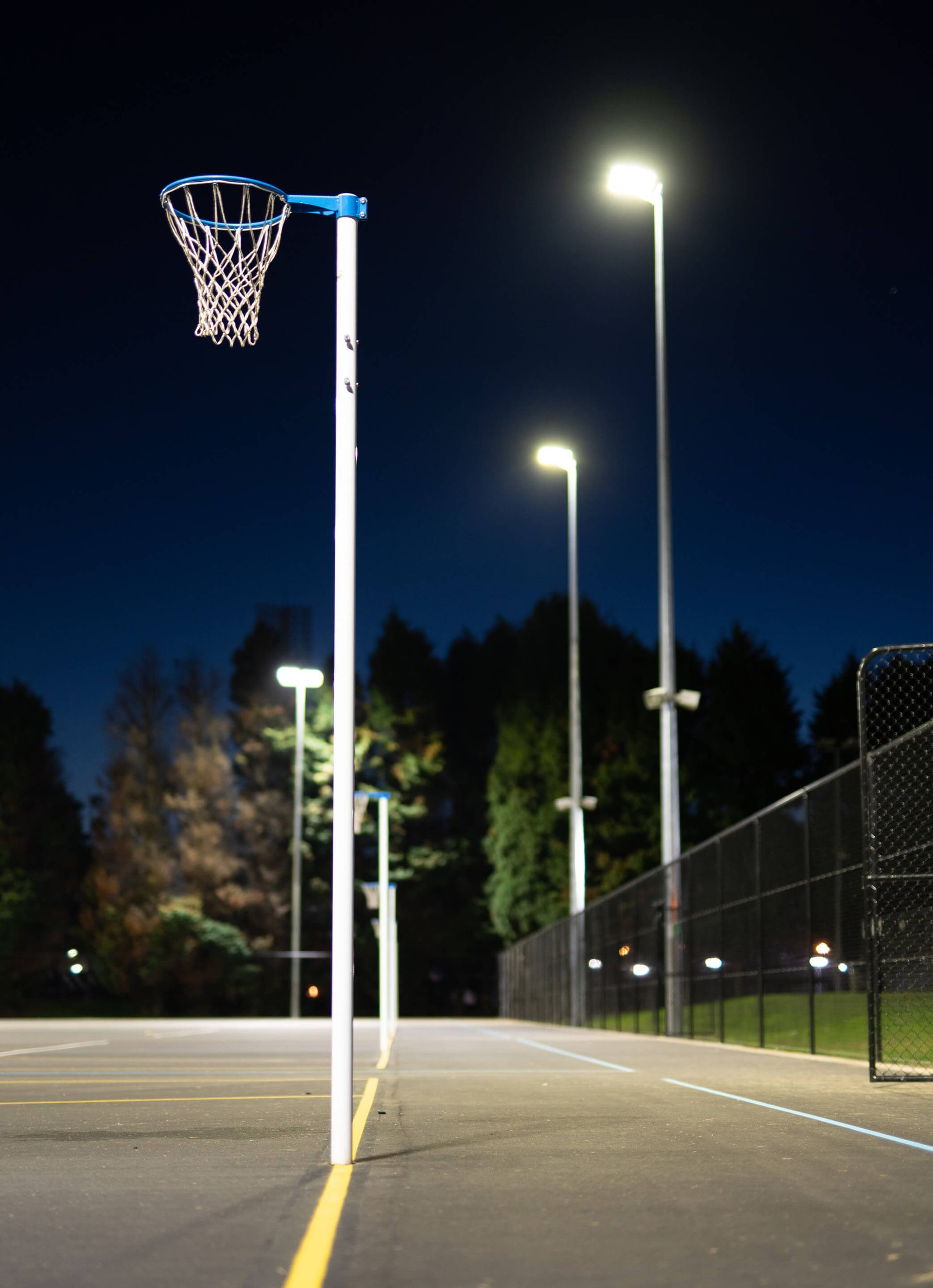 Netball hoop and court lit by bright overhead lights at night. Dark trees in the background and a black fence.