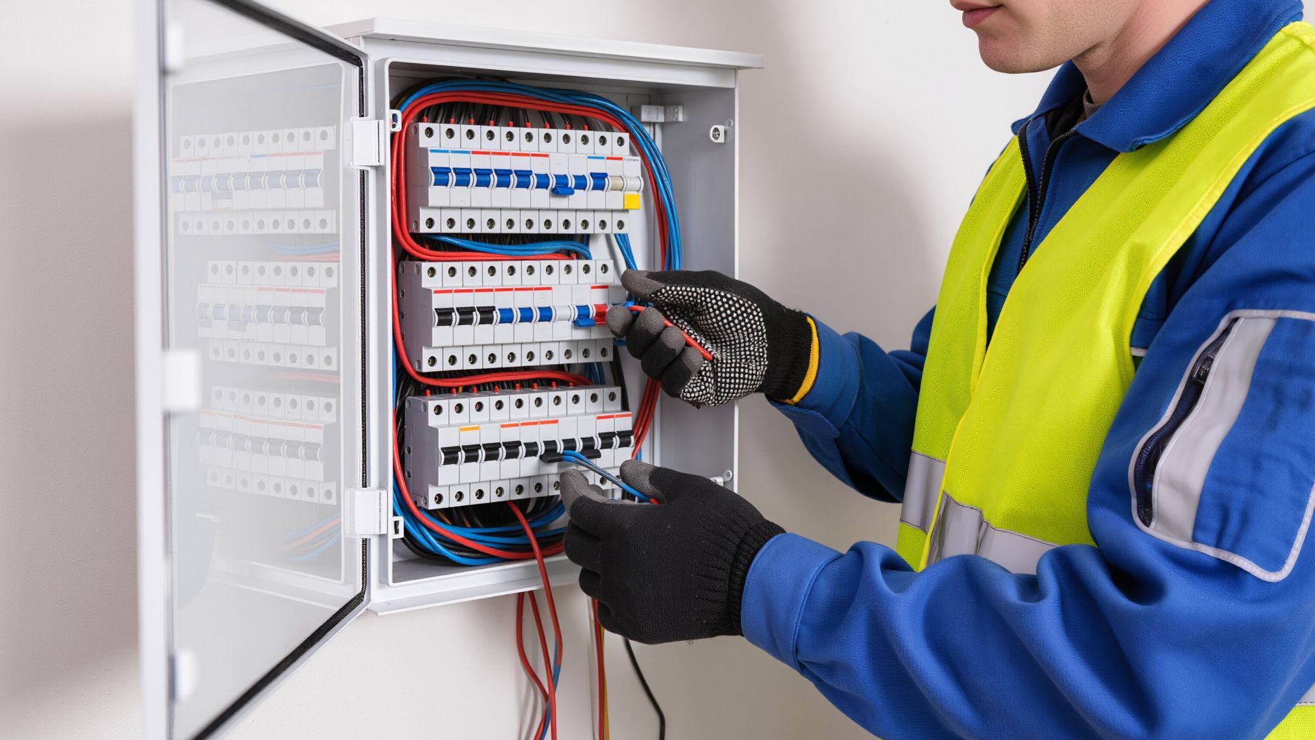 Electrician testing a switchboard on a ladder during residential electrical services.