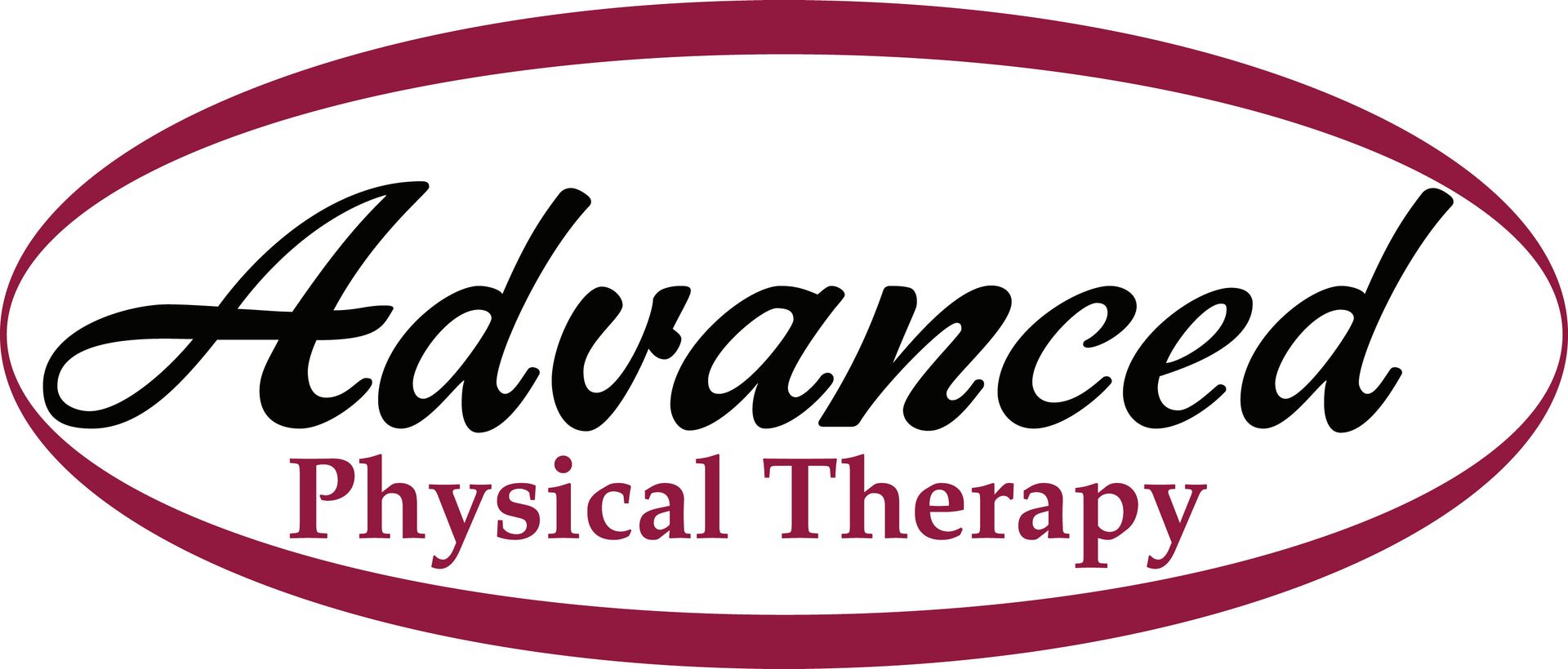 Advance Physical Therapy Logo for Advanced Physical Therapy with the text in a maroon oval.