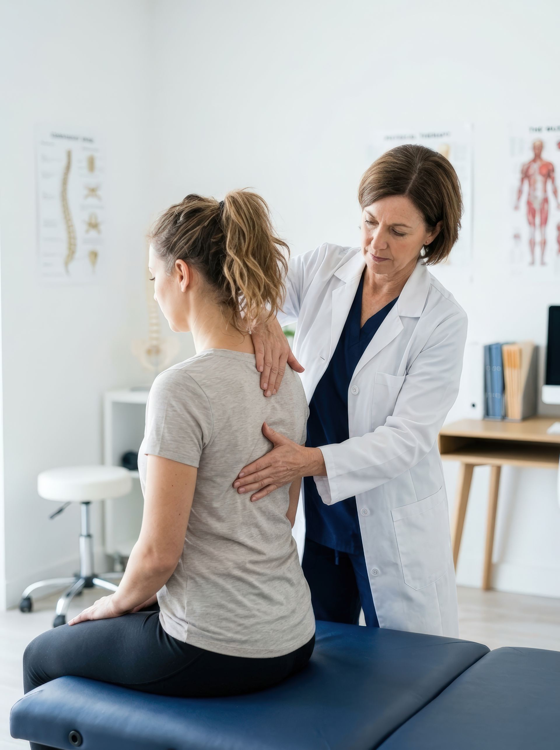 Therapist examining patient's shoulder and back during a clinical massage therapy session