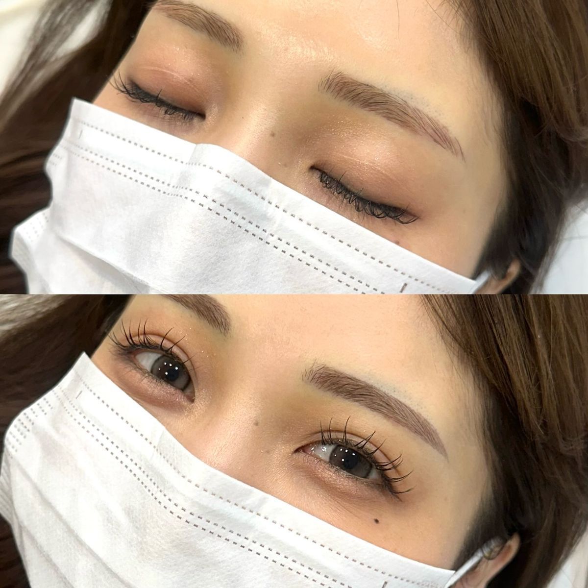 Two close-up photos of a person's eyes, one closed, one open, with enhanced brows and lashes, wearing a face mask.