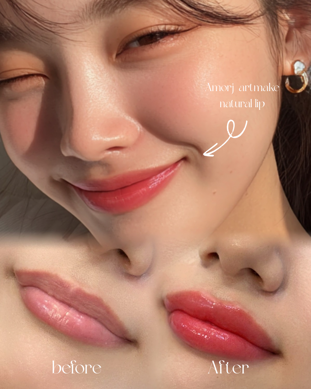 Close-up of a person smiling, with before-and-after lip makeup comparisons. The 