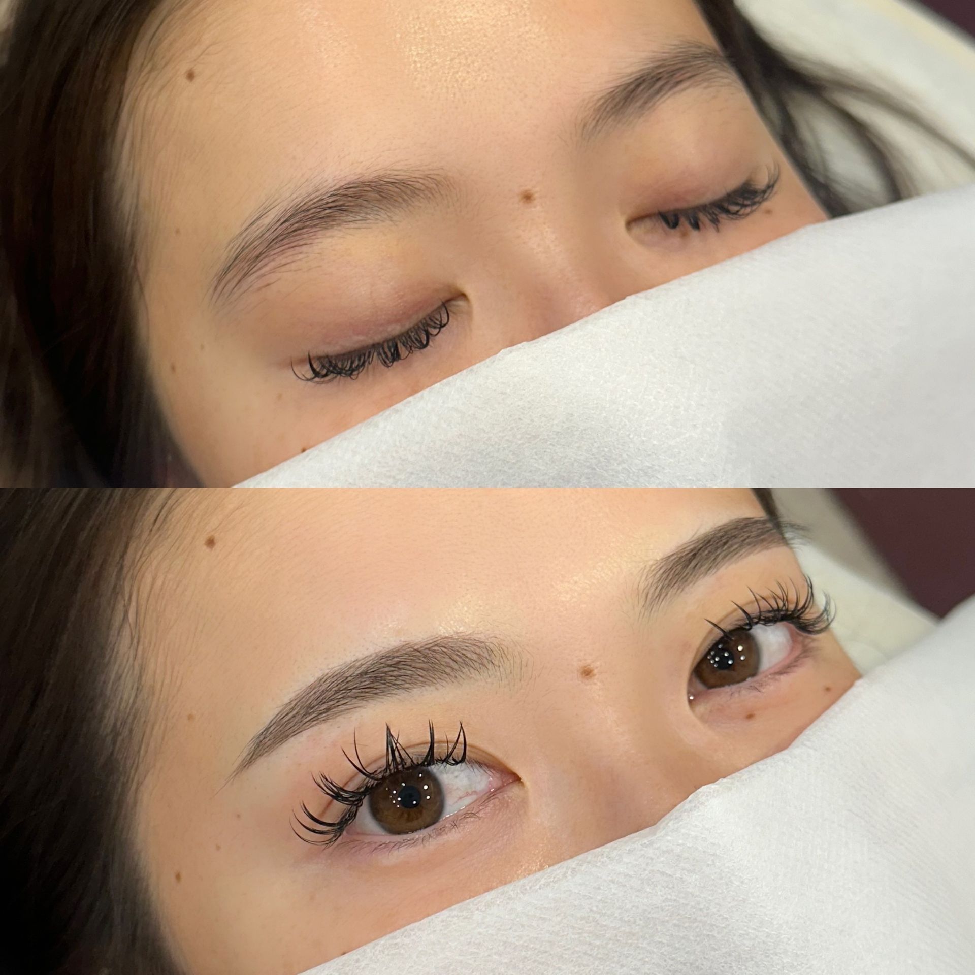 Close-up of eyes with long curled eyelashes, before and after eyelash extensions on a white pillow