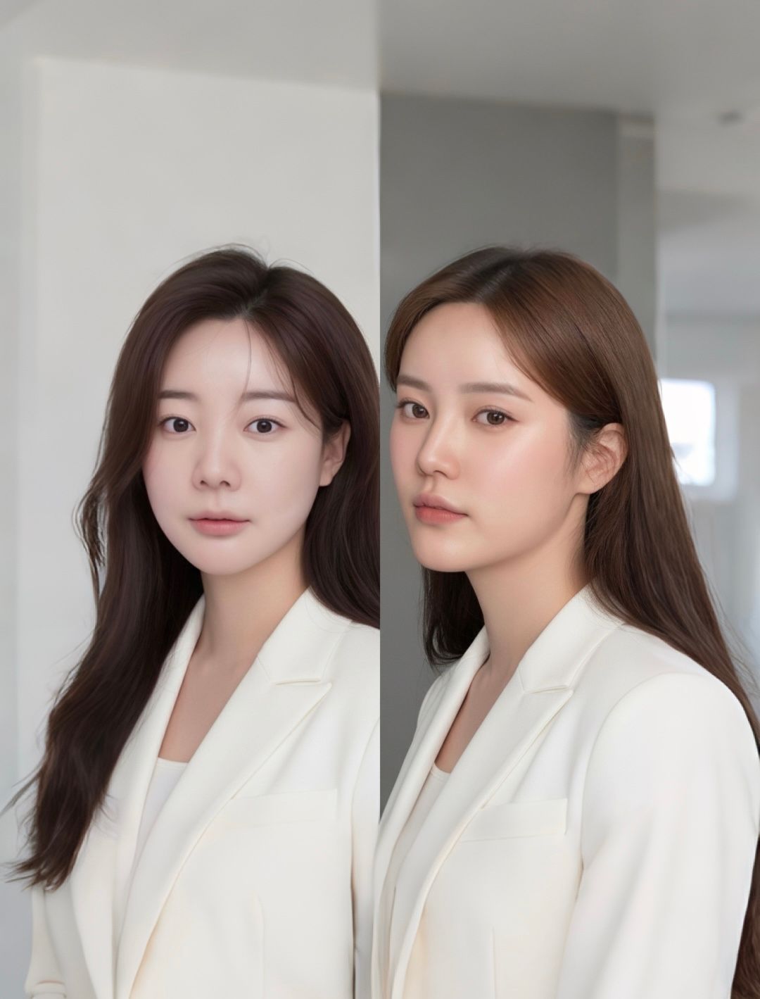 Two women in white blazers and shirts; both have long brown hair and neutral expressions.