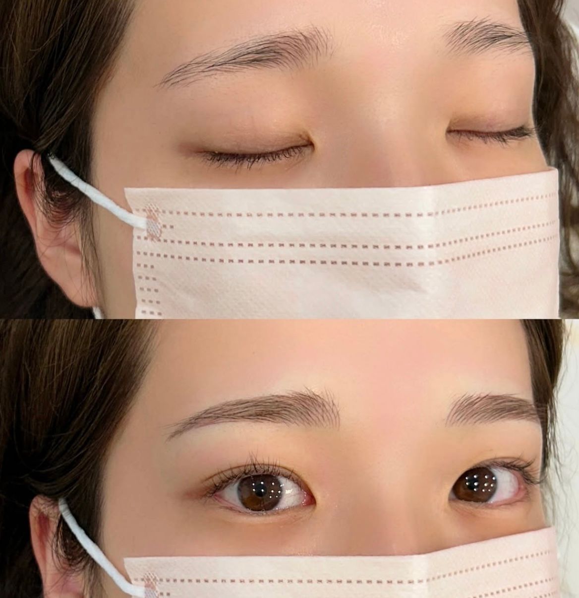 Eyebrow microblading before and after. Eyes closed then open, new brow shape and color. Beige mask.
