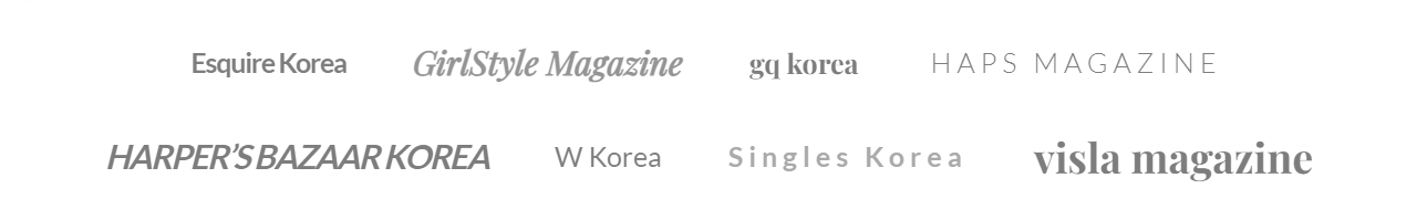 Logos of magazines. Top row: Dop In Korea, ChefStyle Magazine, GQ Korea, HARPER'S BAZAAR. Bottom row: HARPER'S BAZAAR KOREA, W Korea, Singles Korea, viele magazine.