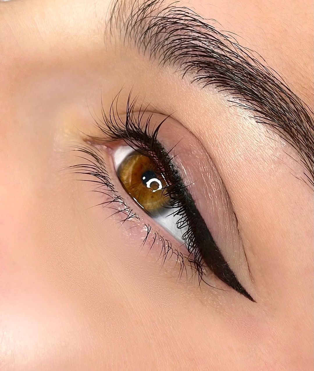 Eye with brown iris, winged black eyeliner, and full eyelashes.