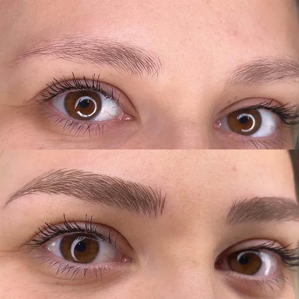Close-up of brown eyes with groomed eyebrows, shown before and after brow shaping