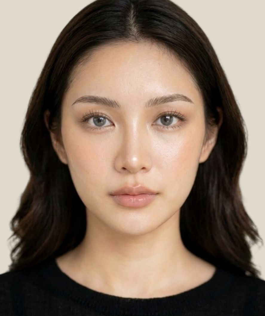 Comparison of lips: before (pale pink) and after (bright red-pink, glossy).