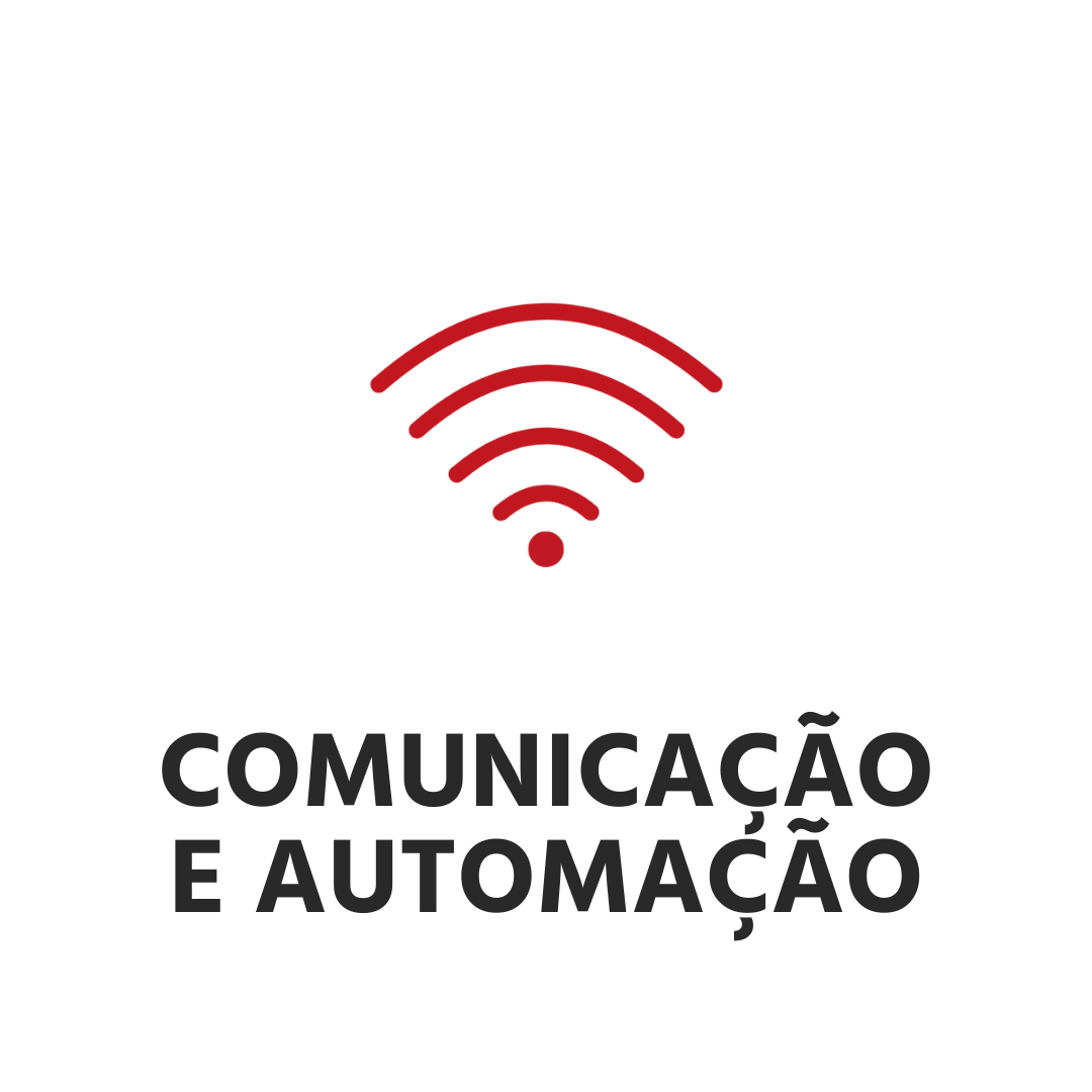 Um ícone vermelho com as palavras comunicação e automação escritas abaixo dele.