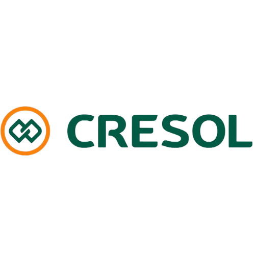 O logotipo da cresol é verde e laranja com um círculo ao redor.