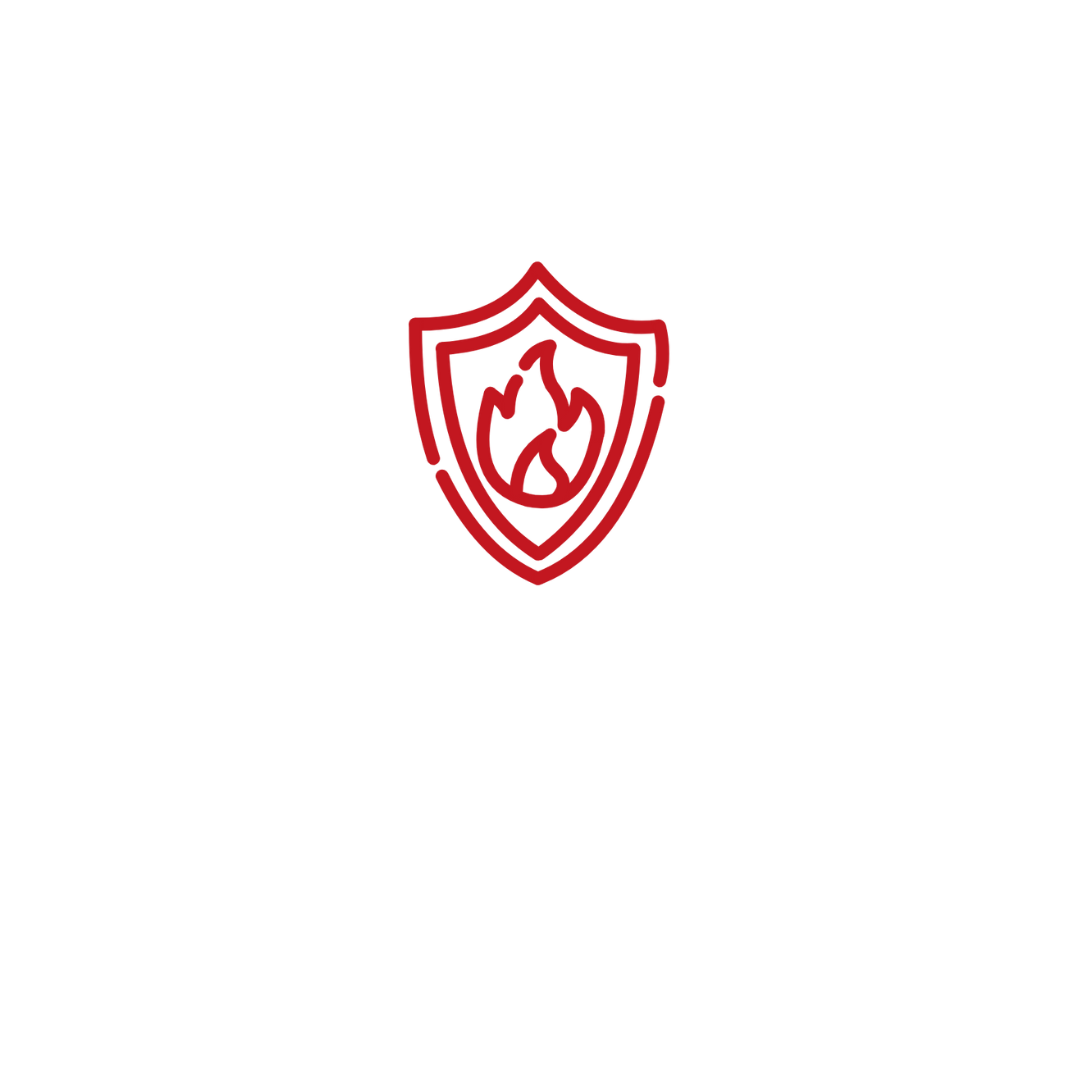 Um escudo vermelho com fogo dentro dele em um fundo branco.