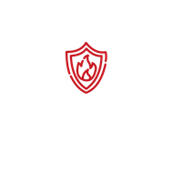 Um escudo vermelho com fogo dentro dele em um fundo branco.