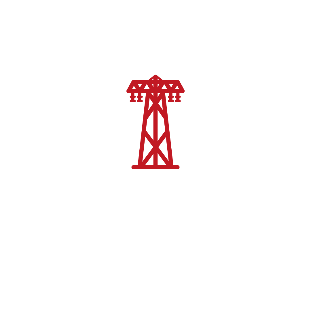 Um ícone vermelho de uma torre de energia em um fundo branco.