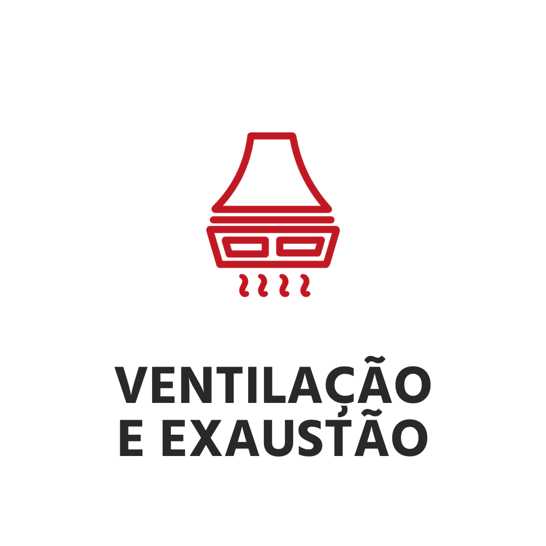 Um ícone vermelho de um ventilador com as palavras ventilação e exaustão escritas abaixo dele.
