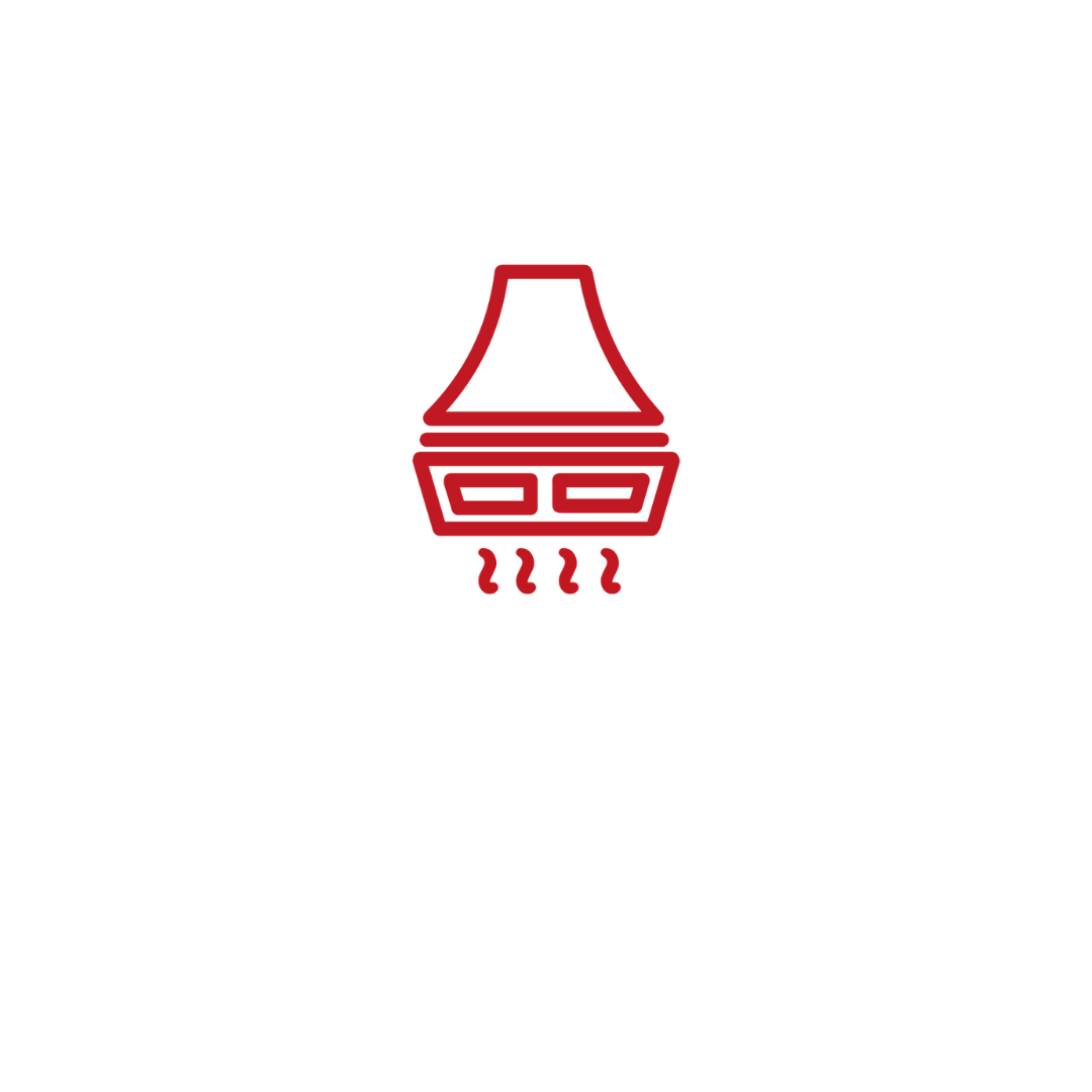 Um ícone vermelho e branco de uma lâmpada em um fundo branco.