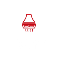 Um ícone vermelho e branco de uma lâmpada em um fundo branco.