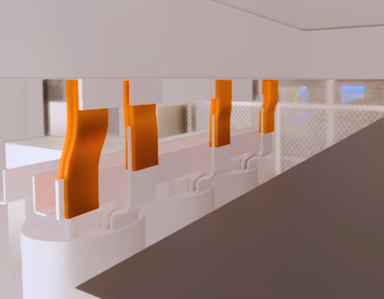 Uma fileira de cortinas laranja penduradas em uma grade