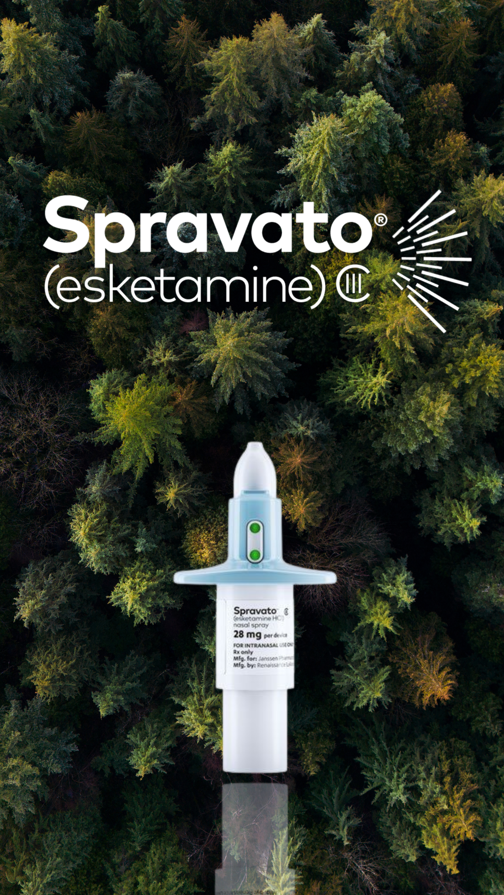 Spravato (esketamine) nasal spray device against a background of green trees.