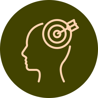 Silhouette head with a bullseye target, emphasizing focus and goal-setting on a dark green circle.