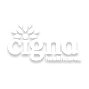 Cigna Healthcare logo in white with a flower design and the word