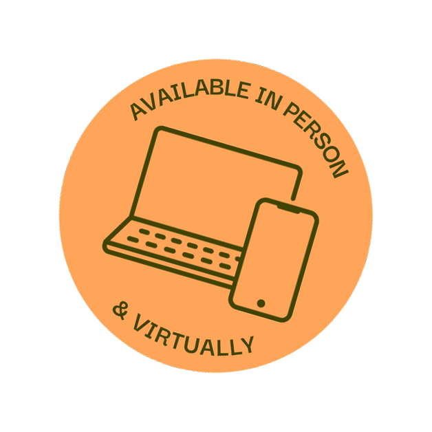 Orange circle with a laptop and phone, text reads