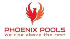 A logo for Phoenix Pools that says we rise above the rest