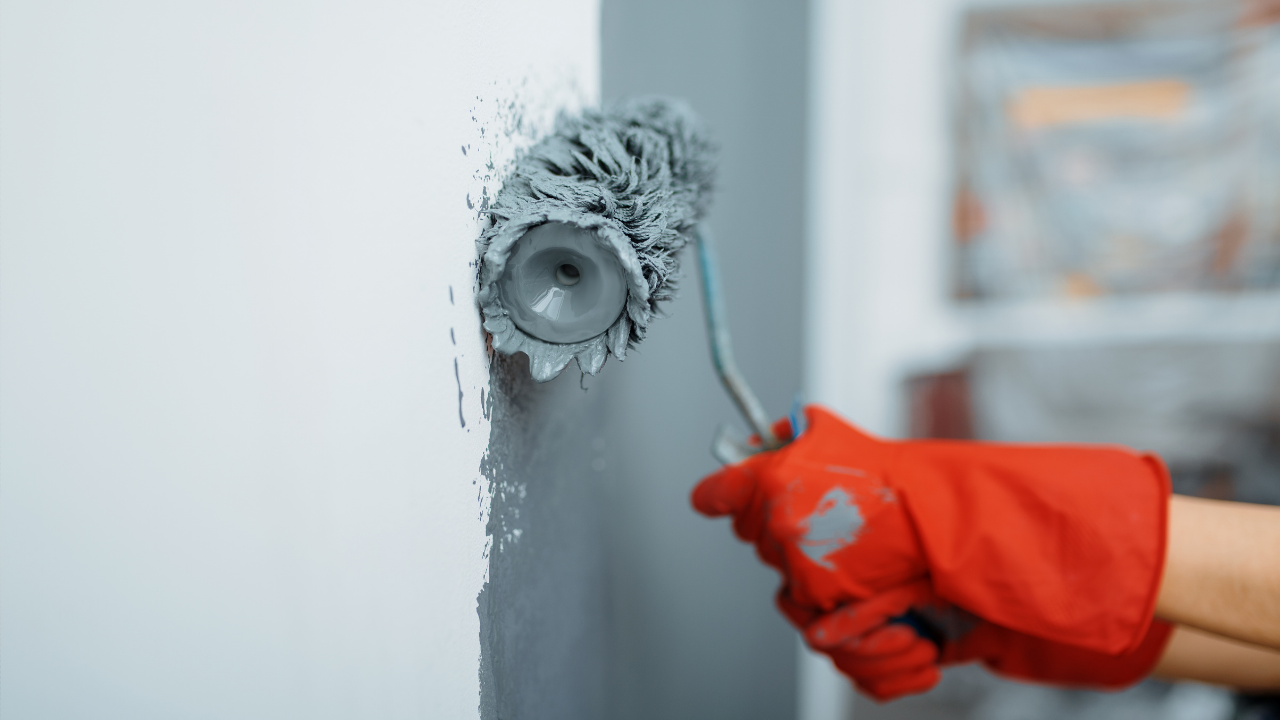 Hand in red glove using a paint roller, applying gray paint to a white wall.