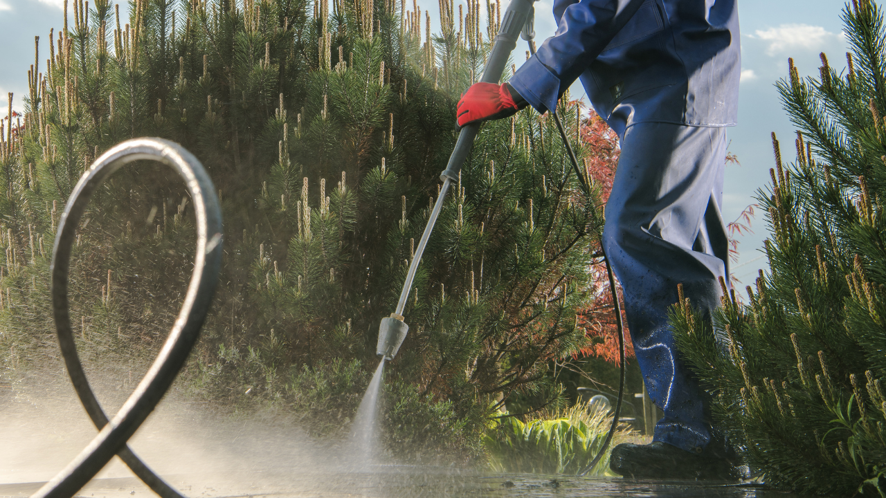 Person in blue work suit pressure washing a dark surface; green bushes in background.