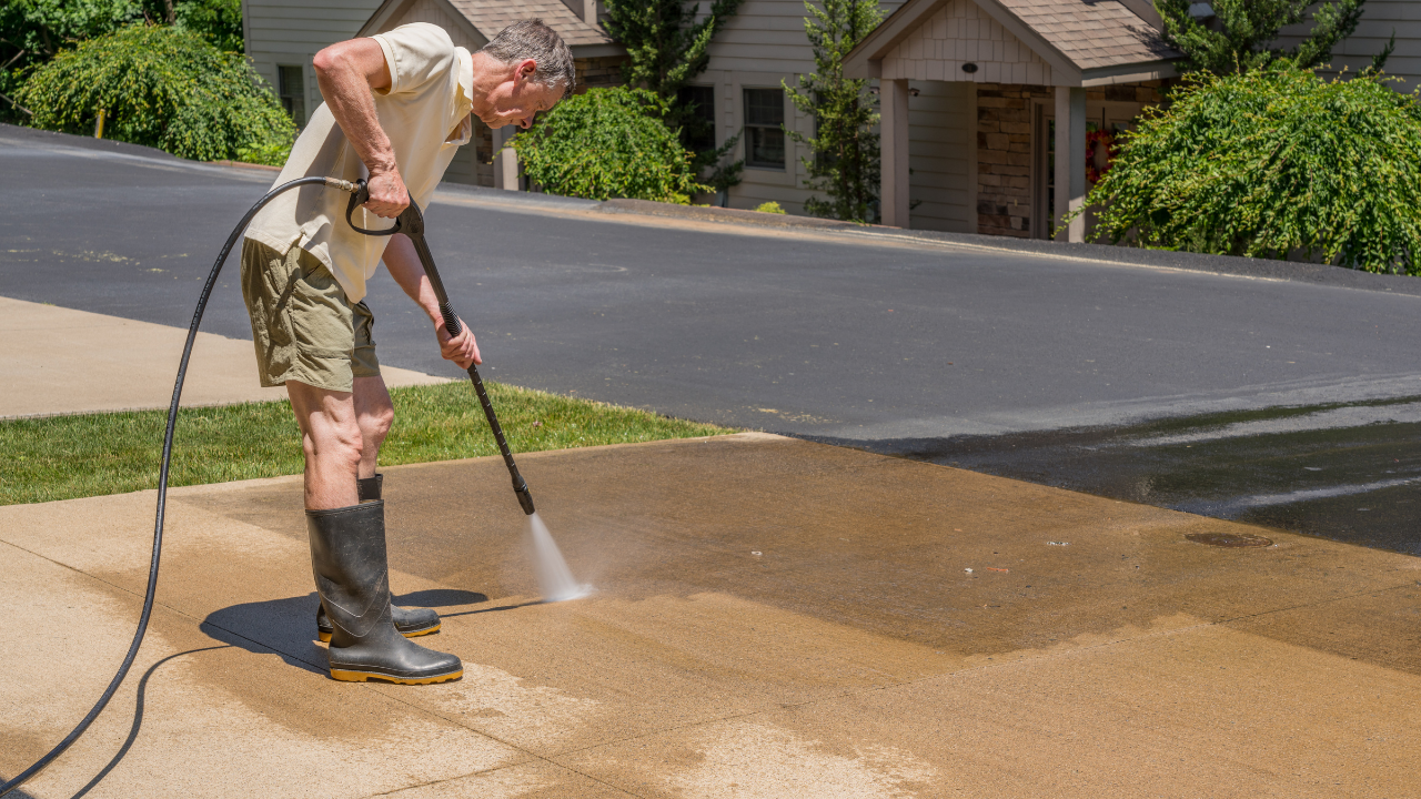 Man pressure washing a concrete driveway with a hose. He is wearing shorts and rubber boots.