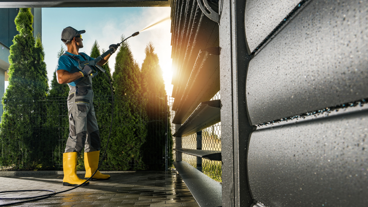 Person in overalls and yellow boots pressure washing a dark, metal garage door.