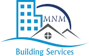 Logo: blue building, grey house, blue arc, 