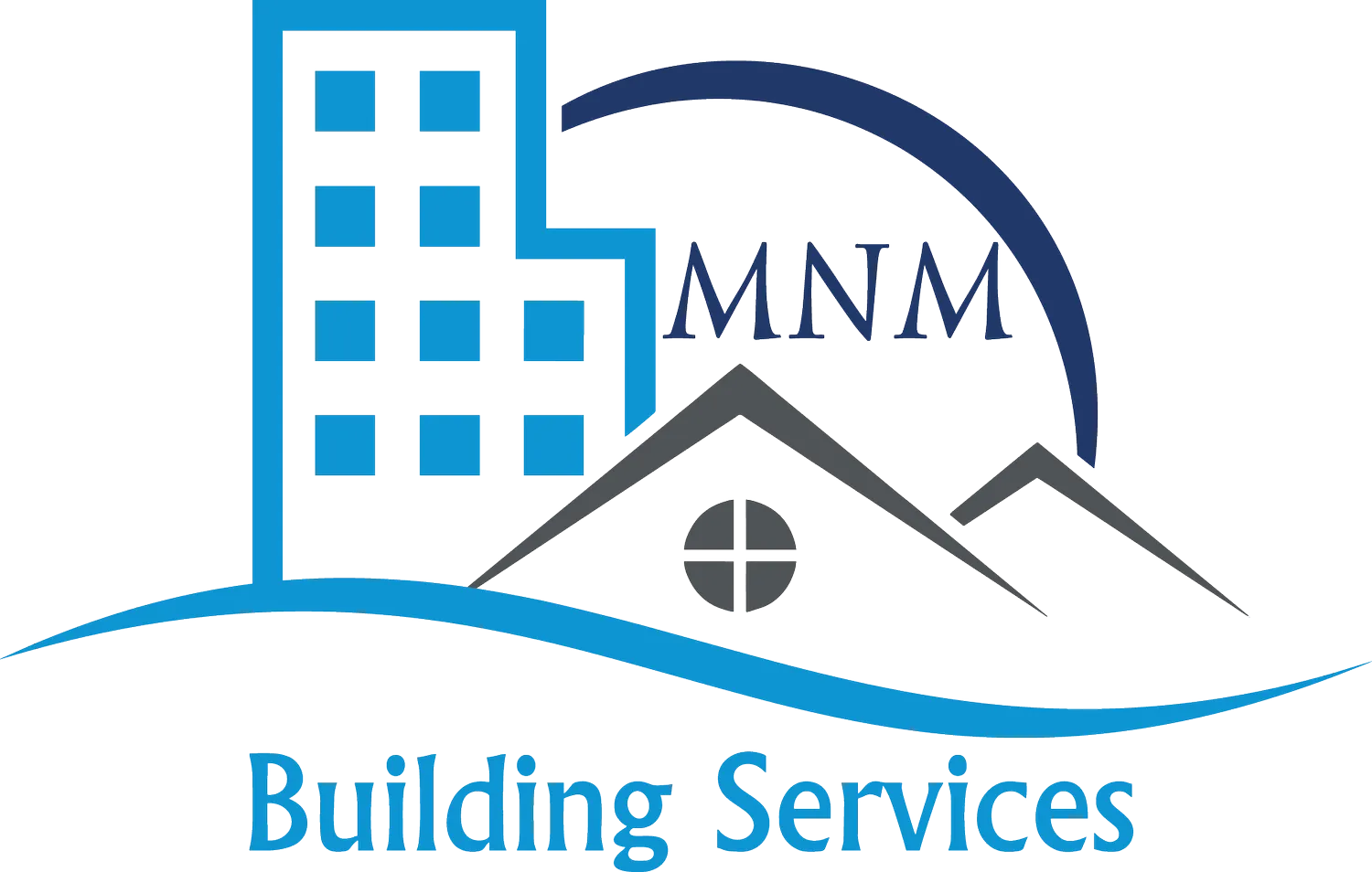 Logo: blue building, grey house, blue arc,