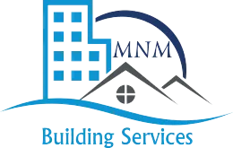 Logo: blue building, grey house, blue arc, 