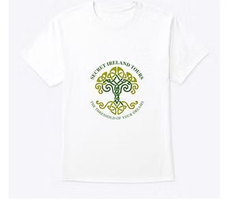 White T-shirt with green Celtic-style tree logo and text on the chest