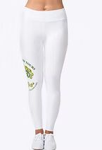 White leggings with a floral graphic on the left leg, shown on a model from waist to shoes.