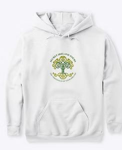 White hoodie with a green tree logo and circular text on the chest