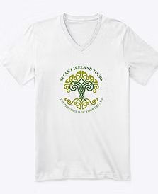 White V-neck T-shirt with green Celtic tree graphic and circular text logo