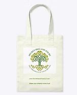White tote bag with green tree logo and text on the front