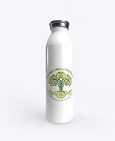White reusable bottle with a black cap and green circular label on a plain background