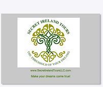 Secret Ireland Tours logo with green Celtic knot and website text on a gray background