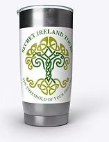 White travel tumbler with Green Ireland Tours logo and Celtic tree design
