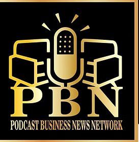 Gold PBN podcast business news network logo with a microphone and speakers on a black background