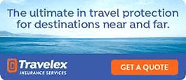 Travlex travel insurance banner with ocean background and orange “Get a quote” button