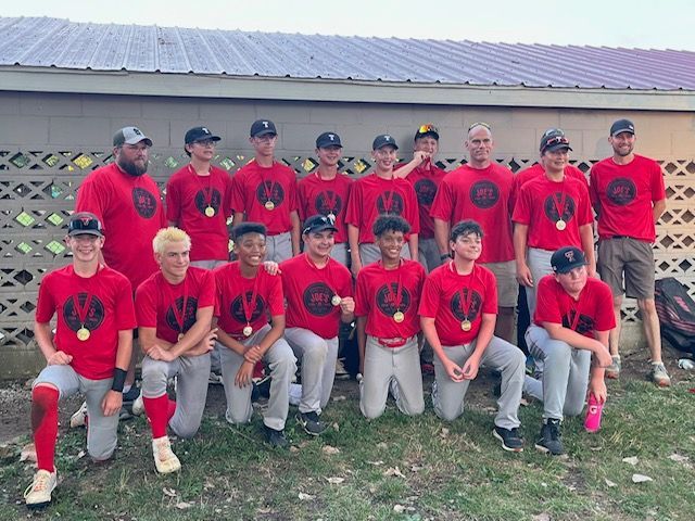 Baseball team wearing red shirts and gray pants, posing outdoors after a game, all with medals.