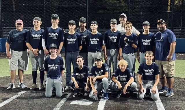 Group of baseball players posing on a field at night, wearing dark team shirts and caps.