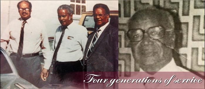 Four men in professional attire, one in a close-up portrait, with the text "Four generations of service" below.