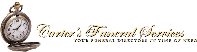 Pocket watch next to the logo for Carter's Funeral Services, reading "Your funeral directors in time of need."