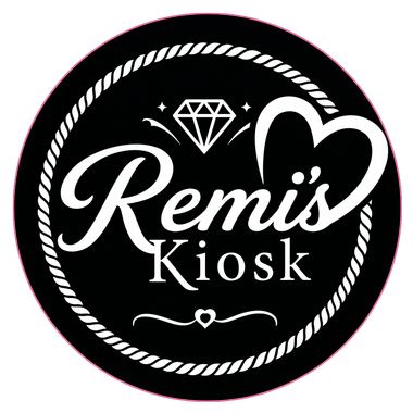 Black circular logo with white rope border, diamond icon, heart, and the words “Remi’s Kiosk.”