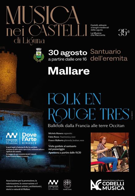 Poster for "Musica nei Castelli di Liguria" music festival. : Folk en Rouge Tres! at the Santuario dell'eremita, Mallare